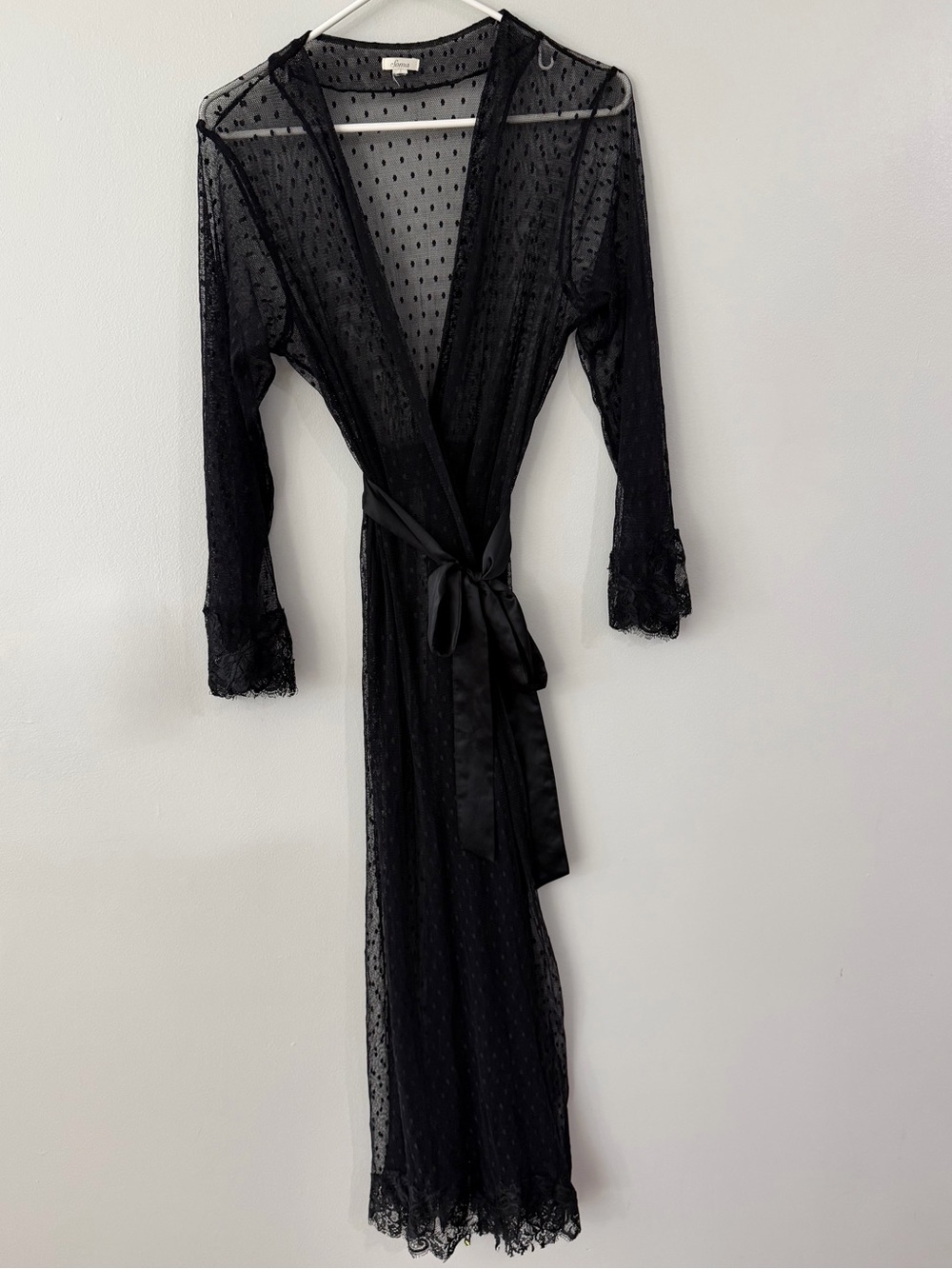 Soma Black Sheer Swiss Dot Lace Satin Women's Bathrobe Robe Special Wedding